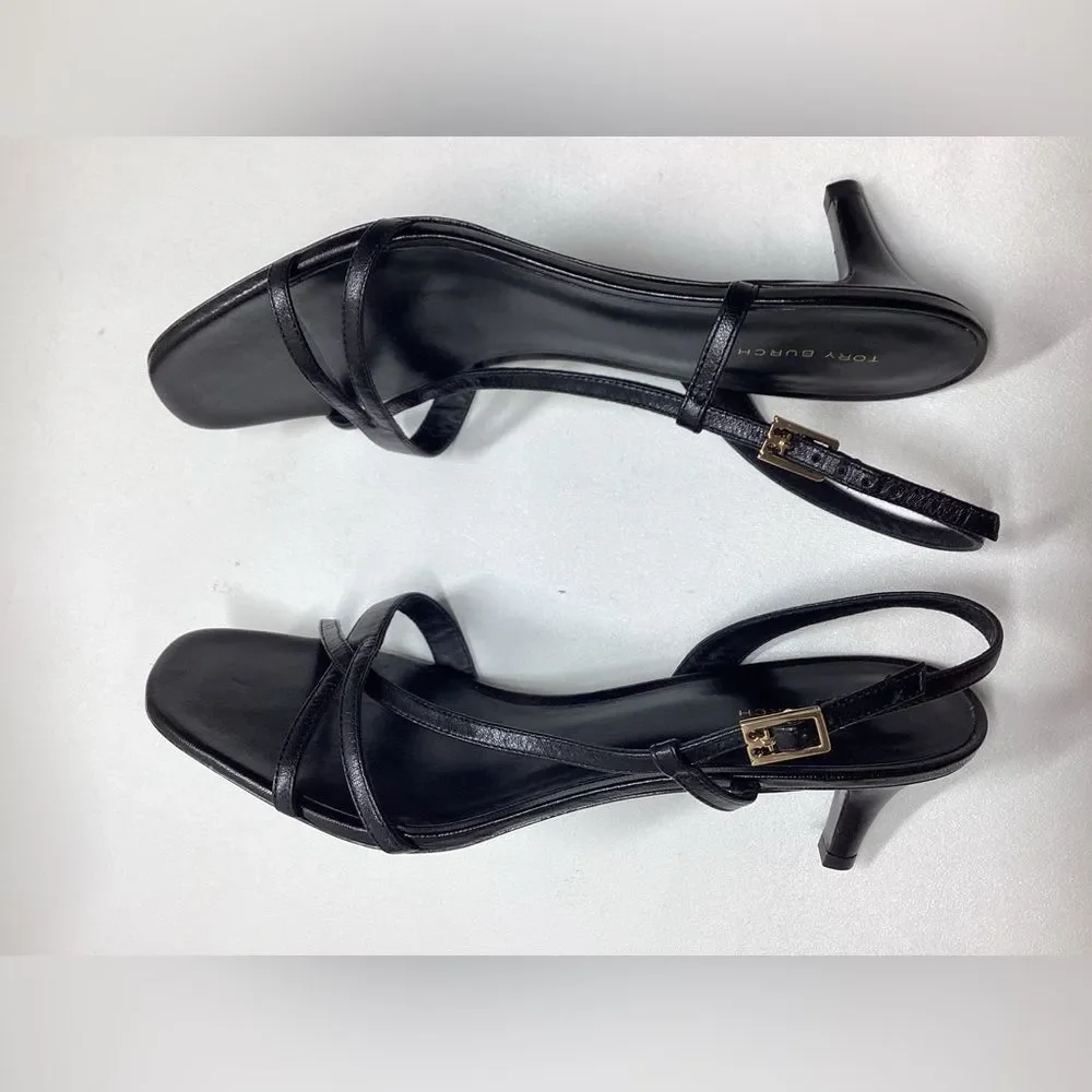Tory Burch Black Leather Strappy Slingback Heels Size 10.5